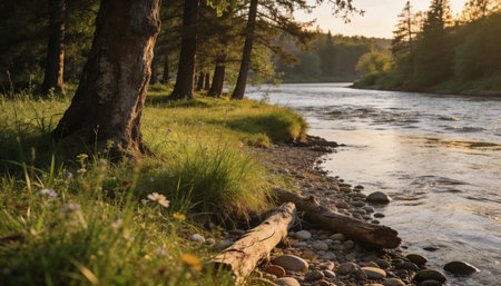 Beautiful summer landscape with a river in the middle of the forestの写真素材