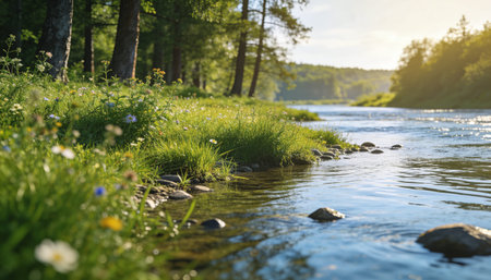 Beautiful summer landscape with a river and green grass on the shoreの写真素材