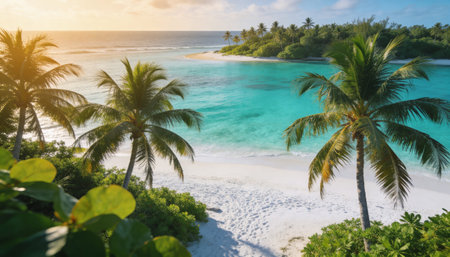 Tropical beach with palm trees at sunset, Seychellesの写真素材