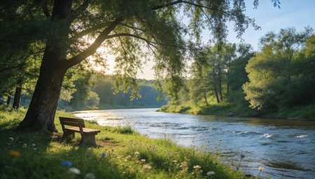 Bench on the bank of the river at sunset. Beautiful summer landscape.の写真素材