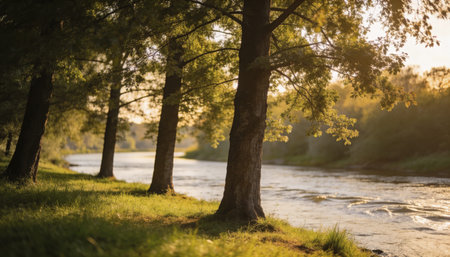 Pine trees on the bank of a mountain river at sunset.の写真素材