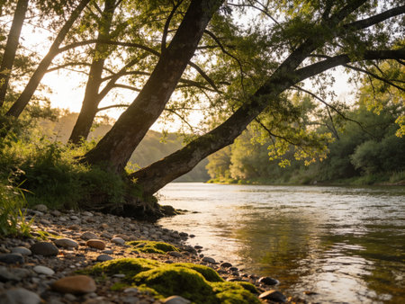 Beautiful sunset over the river with trees in the foreground and rocksの写真素材