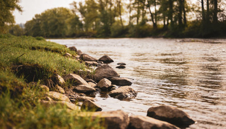 A beautiful shot of a river bank with rocks in the foreground and trees in the backgroundの写真素材