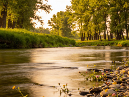 beautiful summer landscape with a river and trees in the background.の写真素材