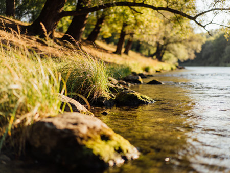 River with rocks and green grass on the shore. Autumn landscape.の写真素材