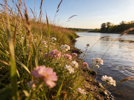 Flowers on the bank of the river. Summer landscape. Sunset.の写真素材