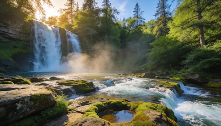 Waterfall in the forest at sunset. Beautiful waterfall in the forest.の写真素材