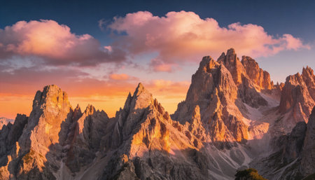 Panoramic view of Dolomites mountains at sunrise, Italyの写真素材