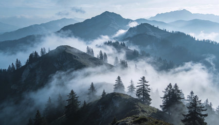 Mountain landscape with fog in the morning. Carpathians, Ukraineの写真素材