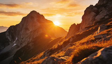 Sunset on the top of the mountain in the Dolomitesの写真素材