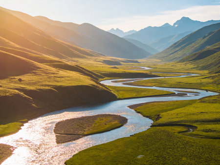 Aerial view of a small river in the grasslands of the Altai mountainsの写真素材