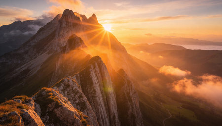 Sunset in the Dolomites, Italy. Panoramic viewの写真素材