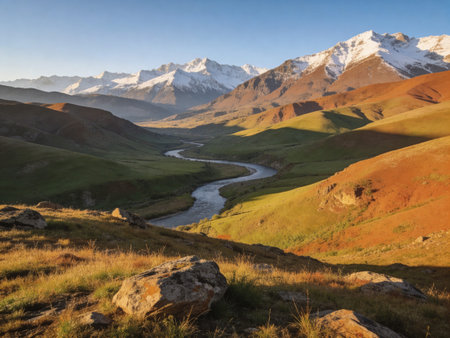 Beautiful sunset in the mountains. Panoramic view of the mountains.の写真素材