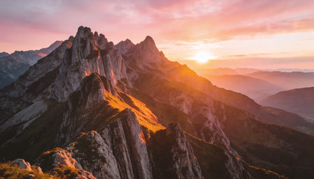 Beautiful mountain landscape with green grass and wildflowers in sunlightの写真素材