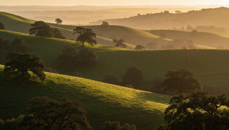 Mountain landscape with wildflowers and a small river at sunsetの写真素材