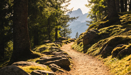 Path in the mountains at sunset. Beautiful summer landscape in the mountains.の写真素材