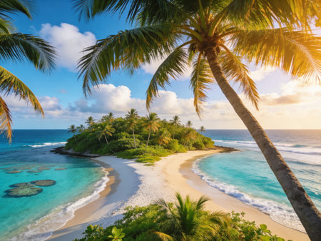 Tropical beach with palm trees at sunset, Seychellesの写真素材
