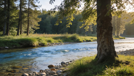 River in the forest at dawn. Beautiful summer landscape with a river.の写真素材