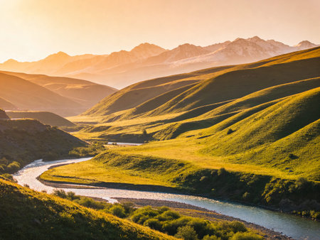 Mountain landscape with river at sunset, Kyrgyzstan.の写真素材