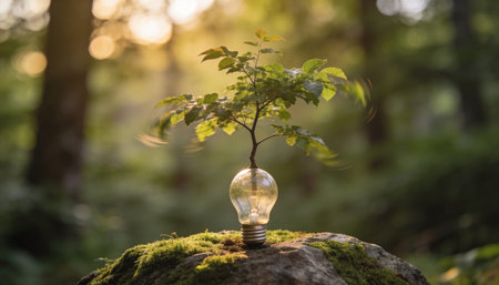 Green tree growing in a light bulb on a stone in the forest
