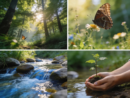 Collage of female hands holding a young plant in the river.