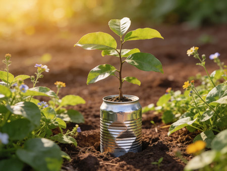 Plant growing out of a tin can on the ground. Concept of environmental protection.