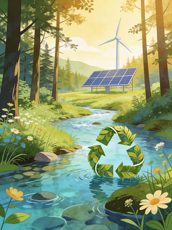 Ecology concept. Renewable energy in the forest. Vector illustration