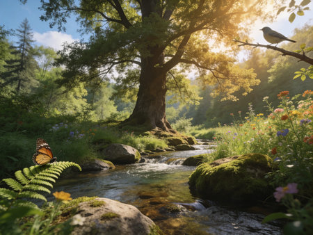 Beautiful summer landscape with a mountain river and a butterfly on it