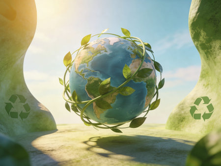 Ecology and environment concept. Planet Earth with green leaves. 3d render