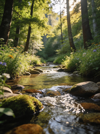 Mountain stream in the forest. Stream in the forest. Mountain river landscape.