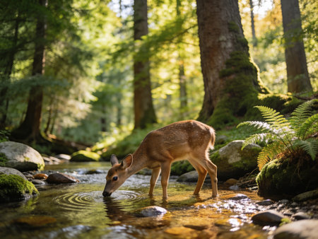 Young deer drinking water from a mountain stream in the autumn forest.