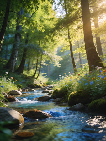 Beautiful summer landscape with a mountain river and flowers in the forest