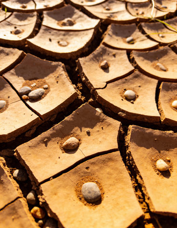 Close up of dry and cracked clay soil texture background with pebbles
