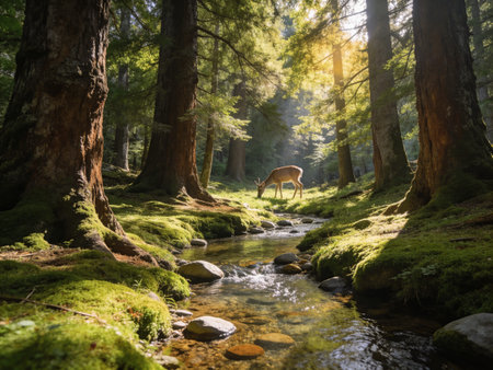 Deer in the forest at sunset. Beautiful nature scene with wild deerの写真素材