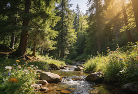 Beautiful summer landscape with a mountain river and coniferous forest