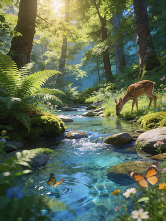 Wild deer with ferns and butterflies in the stream in the forestの写真素材