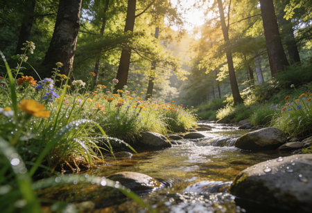 Mountain stream in the forest. Spring landscape with wildflowers.