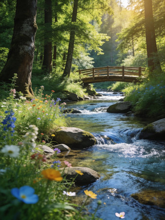Beautiful summer landscape with small river and bridge in the forest.