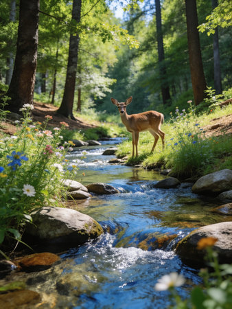 Wild deer on the bank of a mountain river in the forest.