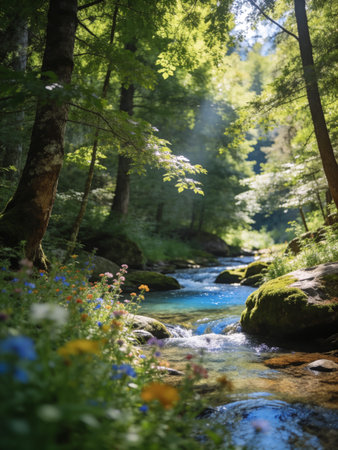 Stream in the forest. Beautiful summer landscape with a mountain river.