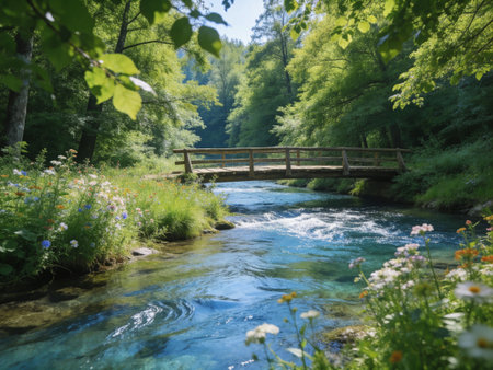 Wooden bridge over a mountain river in the forest. Summer landscape.