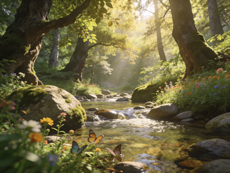 Mountain stream in the forest with sunbeams and butterflies.