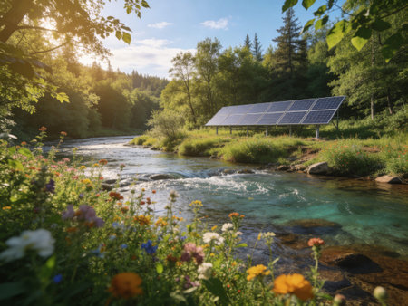Solar panels on the background of a mountain river. Alternative energy source.