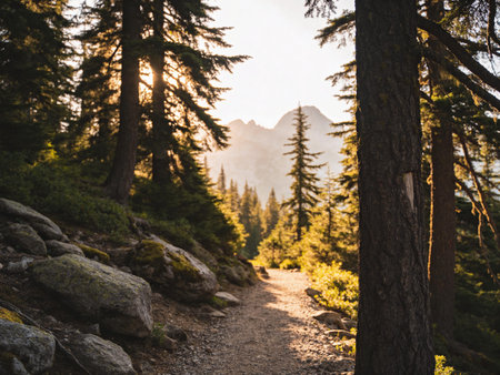 Trail in the Dolomites mountains in Italy at sunset.
