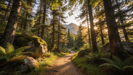 Hiking trail in the forest of the Sierra Nevada mountains, Spain