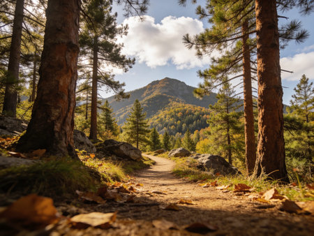 Autumn in the mountains. Landscape with a forest path.