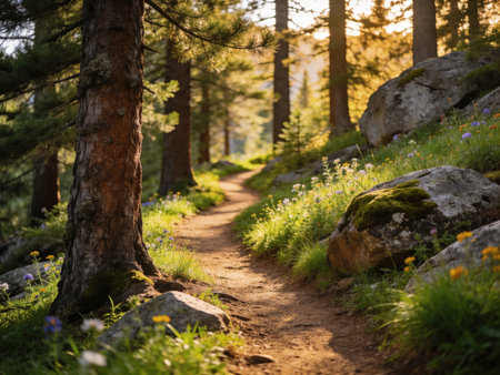 Trail in the forest at sunset. Beautiful summer landscape with sun rays