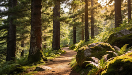 Path in the forest at sunrise with ferns and rocks.