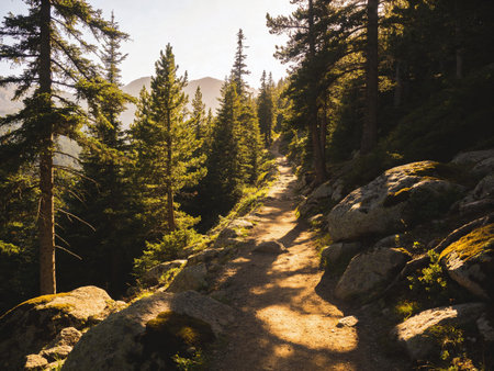 hiking trail in the mountains with sun rays and shadow on the ground