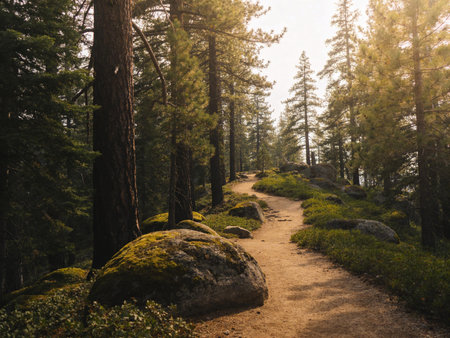 Hiking trail in the pine forest, Yosemite National Park, California, USA